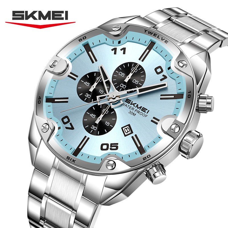 Suede Strap Watch - SKMEI 9387 ファッションカレンダークロノグラフステンレススチールストラップカジュアルビジネス腕時計男性用 reloj hombre メンズクォーツ時計