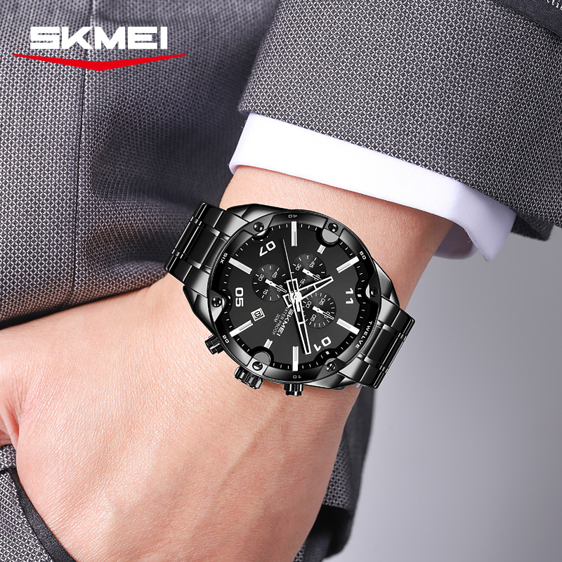 SKMEI 9387 ファッションカレンダークロノグラフステ - Suede Strap Watch のレビューと価格
